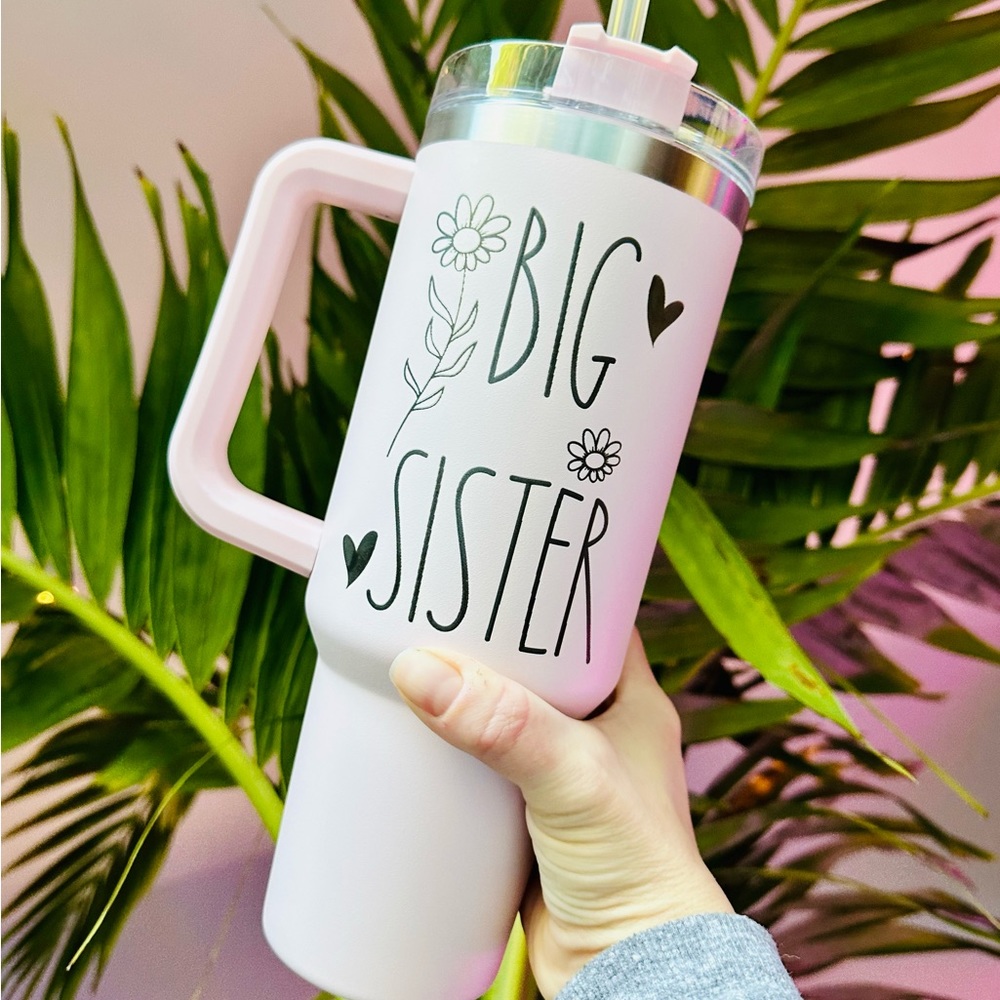 NEW Big Sister Gift • Pink Engraved Stanley Quencher 40 oz Cup w Handle Petal